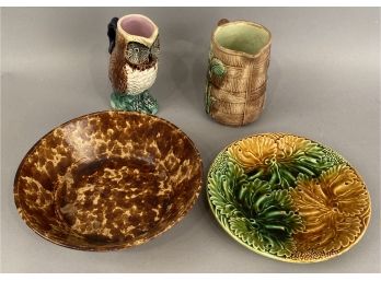 Four Pieces Pottery, Majolica And Rockingham