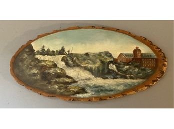 Oval Slice Of Tree Painted With Lewiston Falls