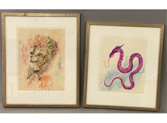 2  Framed Watercolors Serpent Dragon And Portrait