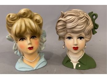 Two Vintage Fashion Vases Womens Heads With Make Up And Pearls