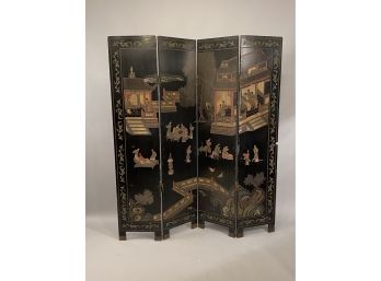 Asian Black Lacquered Folding Screen Room Divider