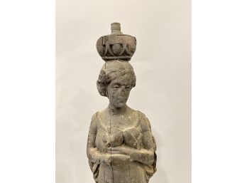 Carved Wooden Statue Of A Woman Holding Birds As Found