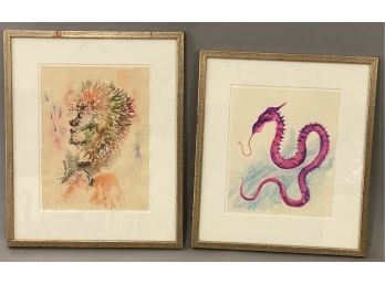 2  Framed Watercolors Serpent Dragon And Portrait