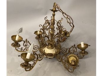 Vintage Brass Chandelier With White Porcelain