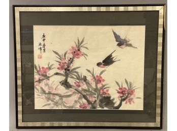 Japanese Watercolor On Paper Of Birds Flowers