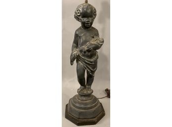 177 Large Vintage Table Lamp Young Boy Holding Flowers