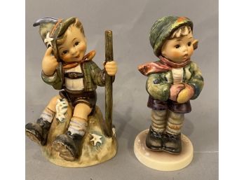 2 Hummel Figurines Boy Seated With Walking Stick