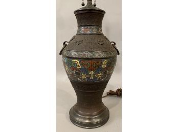 Asian Bronze Lamp With Enameled Design