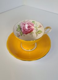 Yellow Tea Cup And Saucer With Pink Flower