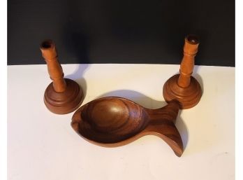 Wooden Dish And Candlestick Holders
