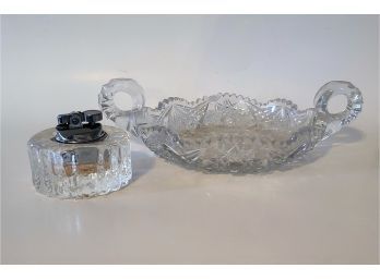 Cut Glass Dish And Vintage Glass Lighter