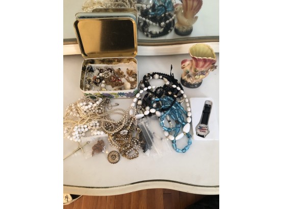 Misc Costume Jewelry Lot Pearls, 5 Cats, Duck Planter