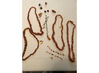 Plastic Amber Lot Of 13 (necklaces, Rings, Earrings)