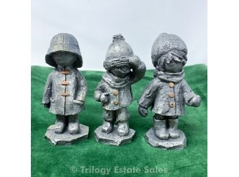 Three Walli Hudson Pewter Figurines Of Chidlren In Winter/Rain Jackets