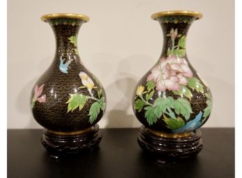 Pair Of Cloisonne Black Floral Vase's W/Stands