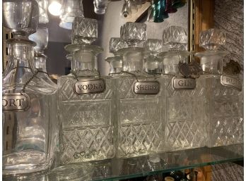 5 Glass Liquor Decanters With Tags And Stoppers B48