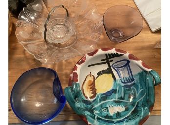 Large Marcello Painted Bowl From Italy And Blue Art Glass Bowl, Etc B25