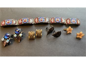 Italian Mosaic Bracelet, Florenza, Damascene, Siam Silver, Coral Chip Earrings J47