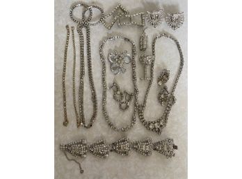 Vintage Rhinestone Lot: Fabulous Bracelet, 2 Shoe Clips, 2 Belt Buckles And More J15