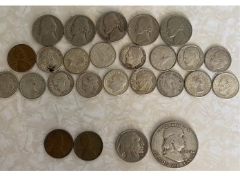 Silver Half Dollar 1950, Buffalo Nickel 1929, 2 Wheat Pennies 1946 & 1948 Plus Other Old Coins J43