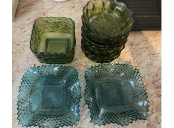 6 Green Glass Compote Dishes, Green Glass Vase & 2 Blueish Dishes Square B6
