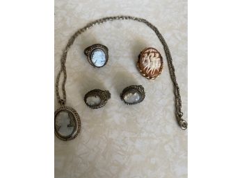 Antique Cameo Lot: Pendant On Chain, Pin, Clips On Earrings And Ring J46