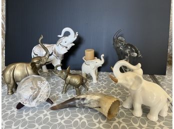 Eight Elephants: Two Solid Brass,  Murano Glass, Porcelain, Etc. Lr42