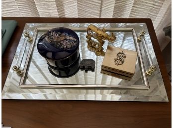 Vintage Mirror Tray With Trinket Box, Gold Compact For Coins, Etc. Bdb123