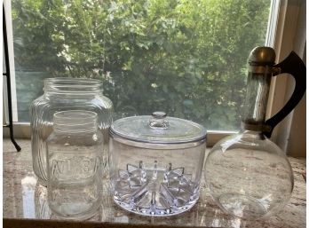 Pyrex Pitcher, Glass Cheese Preserver Jar, Atlas Jar And Large Jar B10