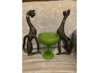 Tall Pair Of Arnel Chalkware Cats And Green Candy Dish B55