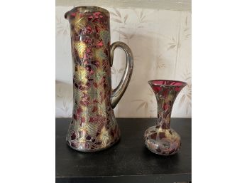 Moser Antique Cranberry Art Glass With Monogram & Overlay Pitcher And Vase