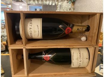 Pair Of Large Collector Champagne Bottles In Wooden Case (empty) B44