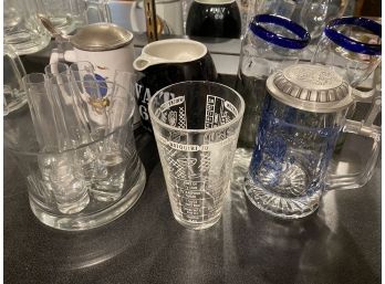 Shot Glasses In Monogramed Bucket, Beer Steins And Various Bar Glasses B47