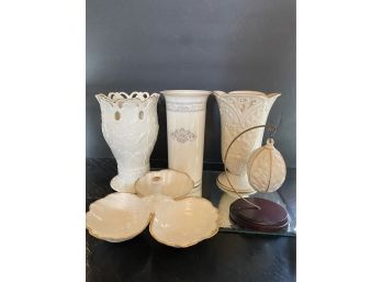 5 Lenox Pieces: 3 Vases, Condiment Platter And Hanging Egg Ornament D 12