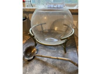 Mid Century Punch Bowl In Faux Bamboo Frame With Metal Ladle B9
