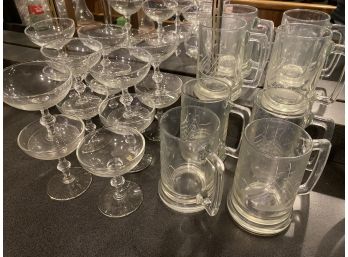 13 Champagne Glasses And 6 Etched Ship Mugs B46