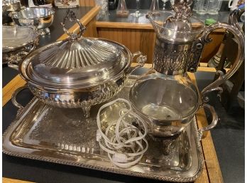 Silver Plate Coffee Server, Covered Dish On Large Tray B41