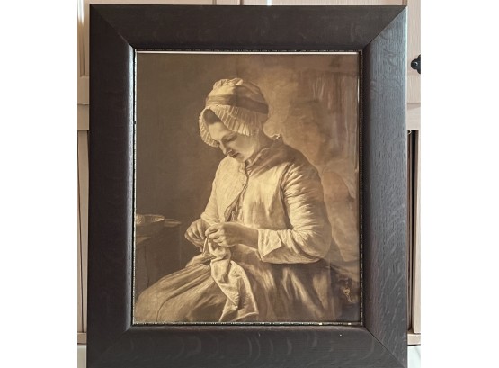 Arts & Craft Print Vintage Oak Frame 21'x 24.5' Woman In Bonnet Sewing