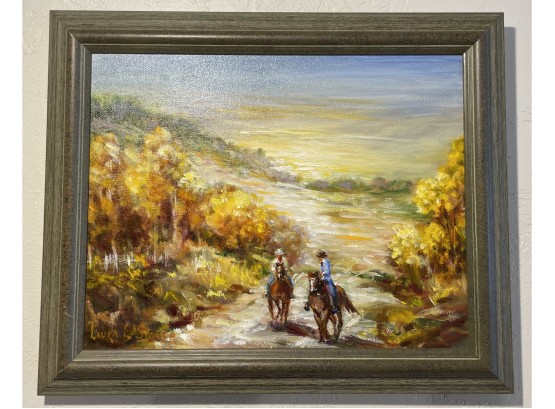 Oil On Canvas Laura Elkins Stover Cowboy Trail Riders Horses 17' X 14' Signed Original