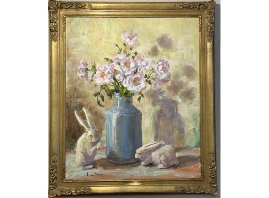 Oil On Canvas Laura Elkins Stover Still Life Roses & Garden Bunnies 24' X 28' Signed Original