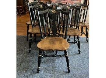 6 Early American Temple Black Hitchcock - Style Stenciled Arrow Back Chairs Shaped Seat 17.5' Tall
