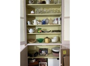 Contents Of Cabinet Shown Top & Bottom - Glassware Ironstone Pottery Glass - Waffle Maker - Bread Maker