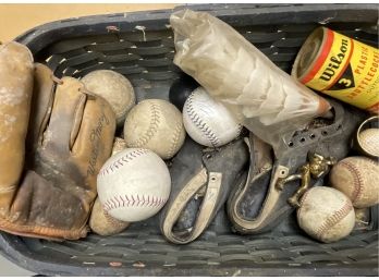 Vintage Baseball Lot - Old Cleats - Baseball Gloves - 4 Softballs - 4 Baseballs & Badminton Shuttlecocks