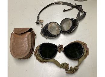 RARE Bomber Goggles - Glass And Leather - Two Pairs - One Case
