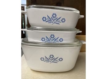 Set Of 3 Corning Ware Covered Casserole Dishes Blue & White Wheat Pattern