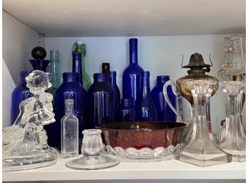 Glass Lot 22 Pieces - Cobalt Old Bottles - Candy Container - Kerosene Lamp - Candlesticks - Miscellaneous