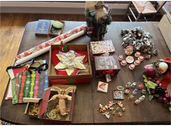 Vintage Christmas Lot - Wreaths - Lights - Ornaments -Towle 1950s Ceramic Bells - Tea Set - Santa - All Shown