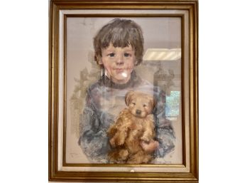 Painting #18 Oil On Canvas Laura Elkins Stover - Child Holding Puppy 19' X 23.5' Signed Original