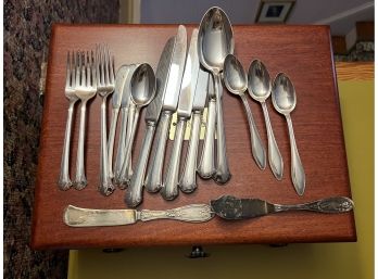 Mahogany Flatware Box - Contents Include A Few Pieces Of Silver -Towle & Sterling Chippendale