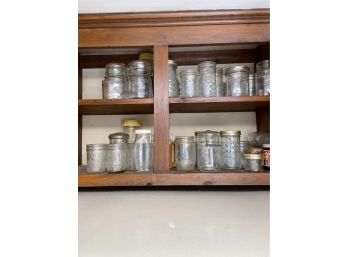 2 Cabinets - Wood Salad Bowls, Dishes & Vintage Atlas Canning Jars - 50 Items